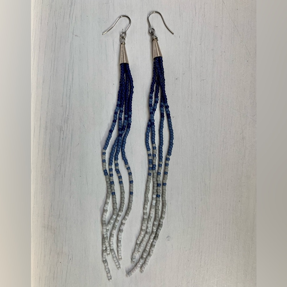 Blue and white handmade beaded earrings